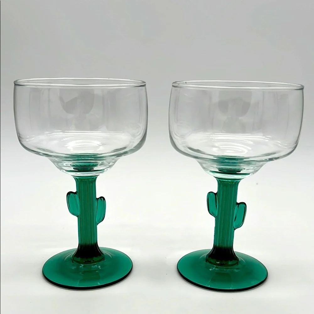 Retro Libbey Cactus Margarita Glasses, Green Stem and Base 16 Ounce (Set of 2)